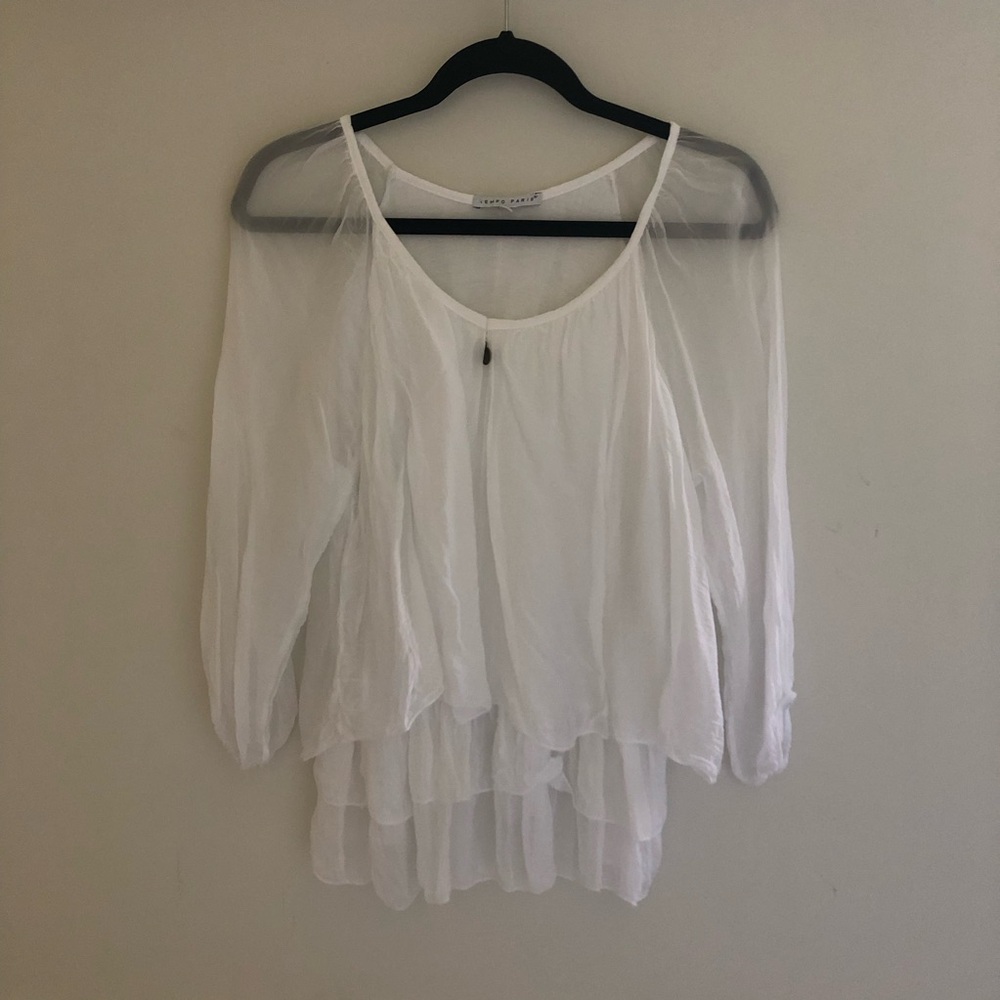 Tempo Paris White Ruffled 3/4 Sleeve Blouse